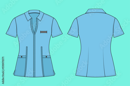 Short sleeve Medical Scrub Uniform Apparel fashion flat sketch CAD mockup front and back views.	