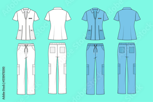 Short sleeve Medical Scrub Uniform Apparel colour way set fashion flat sketch CAD mockup front and back views.	
