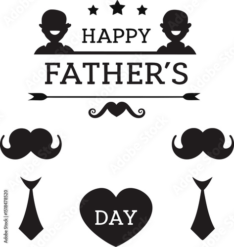 Happy father's day icon set featuring silhouetted men with moustaches ties and a heart symbol celebrating fathers and fatherhood suitable for greeting cards and design projects.