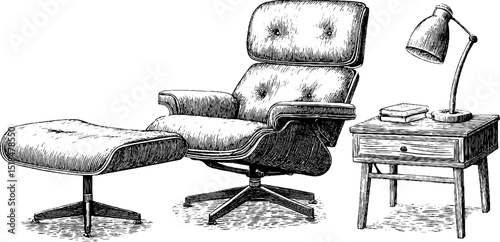 Engraved illustration of recliner and footrest with lamp and side table