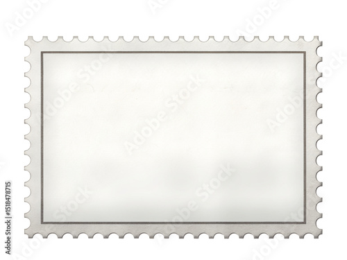 An isolated white postage stamp with scalloped edges and a gray border on a white background image