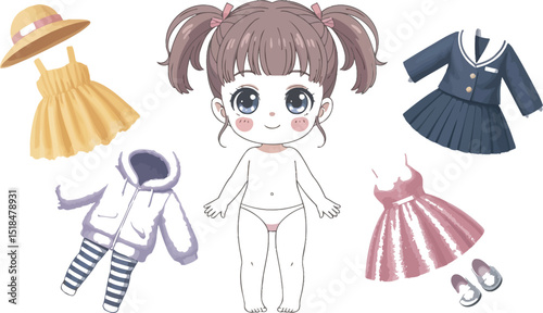 Adorable illustrated child paper doll with interchangeable clothing and accessories perfect for creative design projects