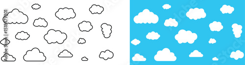 Clouds large and small icon set. Blue sky clouds vector collection isolated on transparent light blue background. Cartoon weather illustration. Fluffy nature environment symbol for web and app.