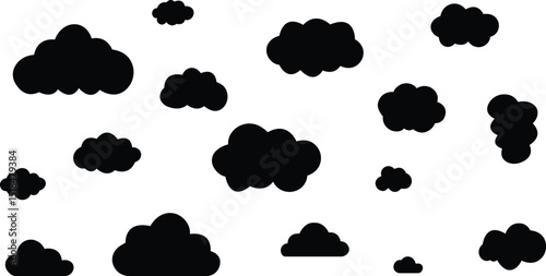 Clouds large and small icon set. Blue sky clouds vector collection isolated on transparent light blue background. Cartoon weather illustration. Fluffy nature environment symbol for web and app.