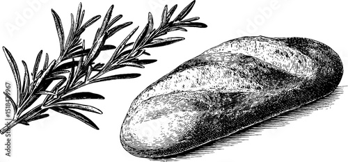 Engraved botanical illustration of rosemary sprig and rustic bread for culinary design