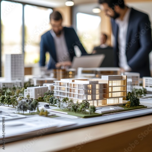 Architectural model displayed with two men in suits looking on in a bright office setting indoors