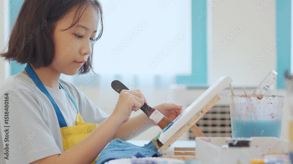 Young Asian girl concentrates while painting on canvas during an art workshop in soft daylight, It shows brush technique and childhood creativity surrounded by colorful tools and pastel-toned setting.