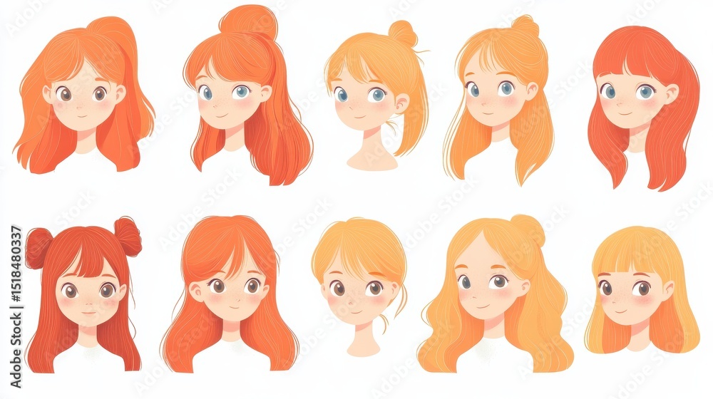 Collection of cute girls faces, vector human head flat illustrations. Set of red-haired and blonde teenage girls, little schoolgirls avatars clipart. illustration , no logos, no brands Collection of cute girls faces, vector human head flat illustrations. Set of red-haired and blonde teenage girls, little schoolgirls avatars clipart. illustration , no logos, no brands