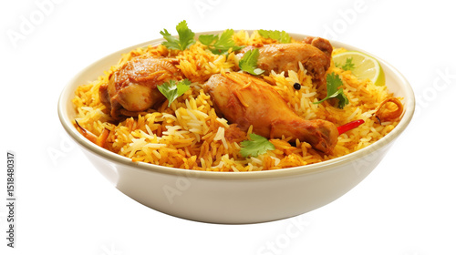 Delicious Chicken Biryani Rice Dish in Bowl on white and transparent Background