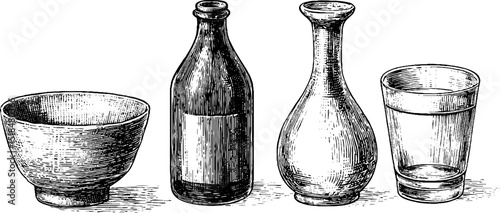 Engraved illustration of sake bottle set with traditional japanese drinkware