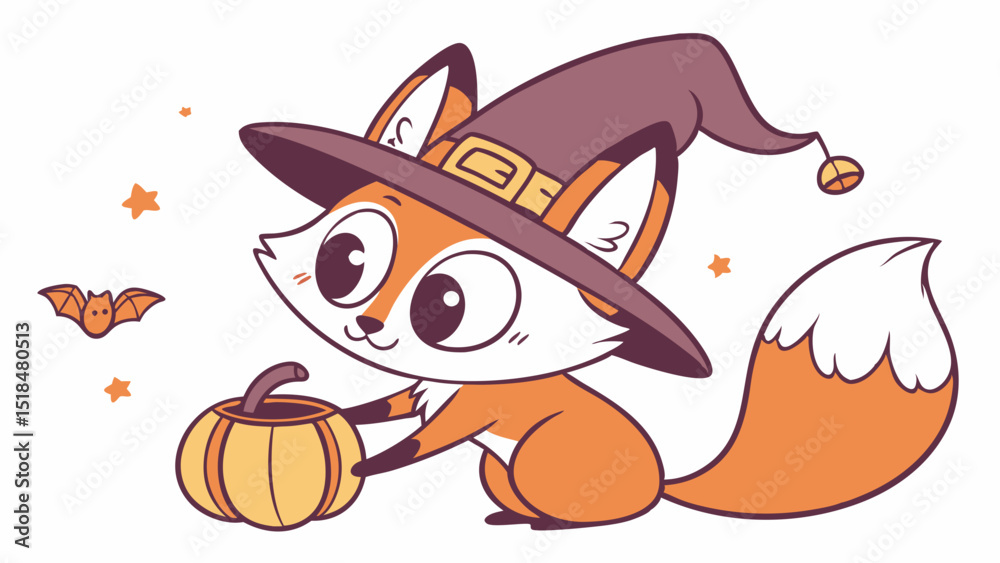 Fototapeta premium Cute Halloween Fox with Witch Hat and Pumpkin Vector