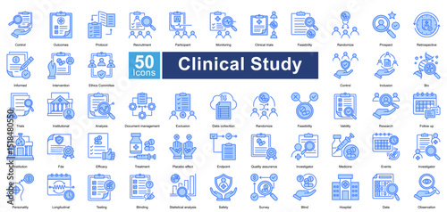 Clinical Study icon set contains 50 icons including longitudinal, testing, blinding, statistical analysis, safety, survey, blind, hospital, data, observation, simple vector blue color style.