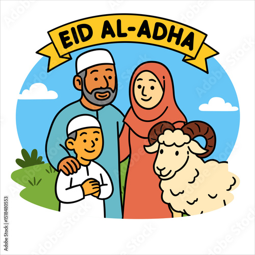 A cheerful family gathered outdoors celebrating Eid Al-Adha, accompanied by a sacrificial sheep, symbolizing joy and faith