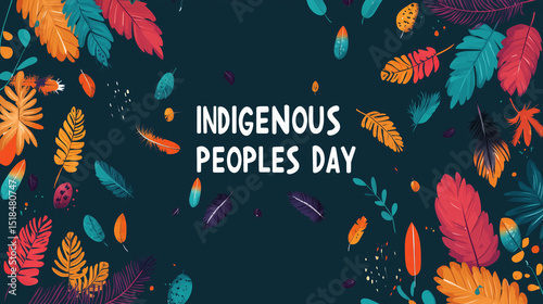 Illustration celebrating Indigenous Peoples Day. Feathers in diverse patterns on dark green background. For cultural events, educational materials, awareness campaign.