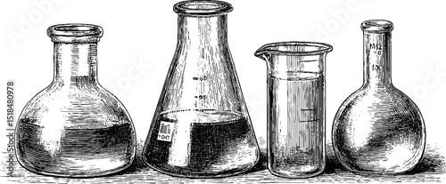 Vintage science laboratory equipment engraving featuring flasks and beakers for educational design