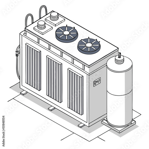 Isometric illustration of a power transformer with cooling fans and a connected oil tank for electricity distribution