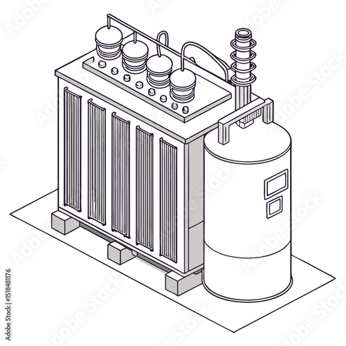 Isometric illustration of an electrical power transformer depicting energy distribution and infrastructure