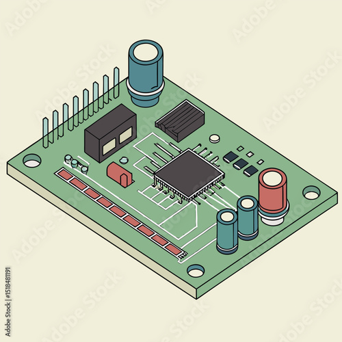 Isometric view of a circuit board displaying integrated components for electronic device design
