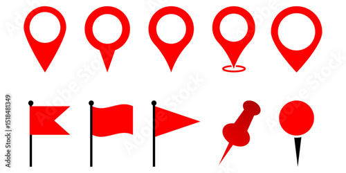 Red Location Marker, Flag, and Pin Icons Set Map Navigation and Alert Vector Symbols