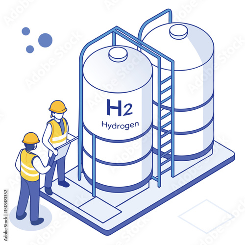 Isometric illustration of hydrogen storage tanks with engineers and the clean energy concept