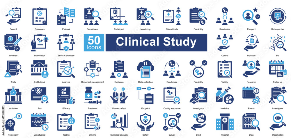 Tableau sur toile Clinical Study icon set contains 50 icons including control, outcomes, protocol, recruitment, participant, monitoring, clinical trials, feasibility, simple vector two color style