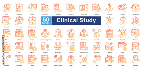 Clinical Study icon set contains 50 icons including randomize, prospect, retrospective, informed, intervention, ethics committee, control, inclusion, simple vector line gradient style.