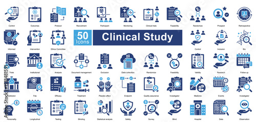 Clinical Study icon set contains 50 icons including control, outcomes, protocol, recruitment, participant, monitoring, clinical trials, feasibility, simple vector two color style.