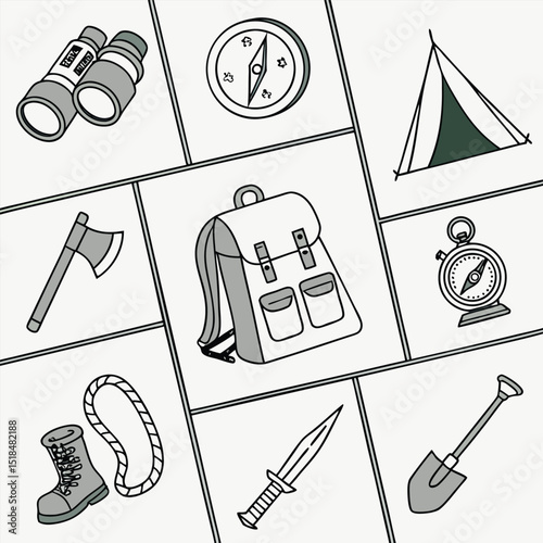 Adventure and exploration elements collection depicting binoculars compass tent backpack and camping gear