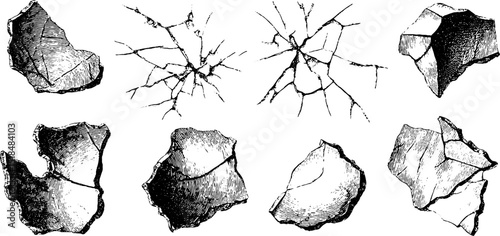 Engraved illustration set of shattered glass crack designs for decorative use