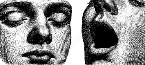 Engraved illustration set of sleepy and drooping faces for vintage design
