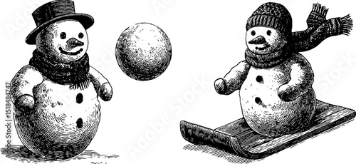 Vintage winter charm: engraved snowman and snowball collection for holiday design