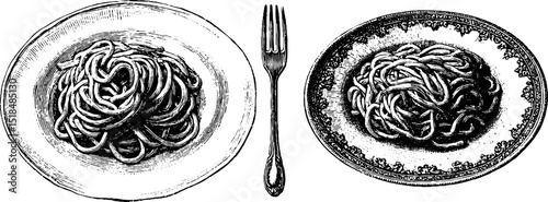 Engraved illustration of spaghetti dishes and fork for culinary arts and design