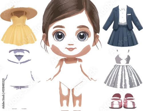 Charming illustration of a paper doll with various outfit options including a summer dress a school uniform and stylish sandals