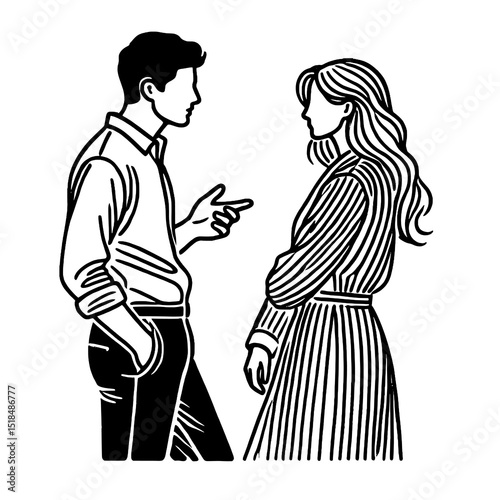 Man and Woman Talking – Line Art Vector Illustration