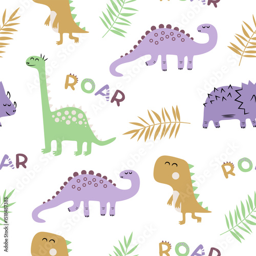 Fototapeta Naklejka Na Ścianę i Meble -  Roar dinosaurs seamless pattern. Cute cartoon Dino in flat style.	