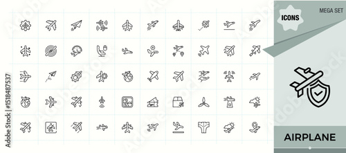Airplane icon set. Outline icons in linear style. Contain linear symbols flight, transport, airline, aviation. Editable stroke collections. Flight icon set.
