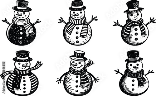 Six adorable snowmen wearing top hats and scarves winter holiday characters