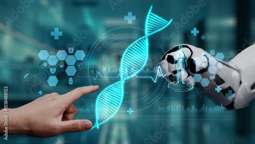 Foto Robot and human reaching hand and pointing finger with DNA holographic floating