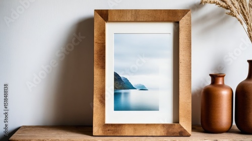 A framed picture of a lake with mountains in the background