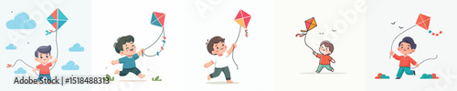 Vector of a little boy playing with a kite happily
