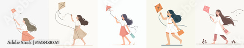 Vector of a beautiful, full body woman playing a kite happily