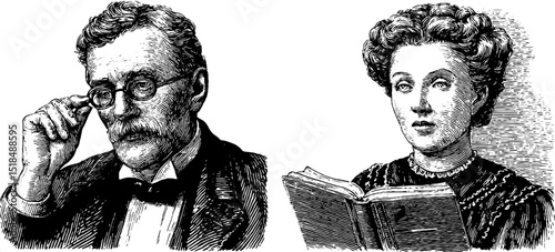 Vintage engraved illustrations of teachers reading and holding glasses for educational design
