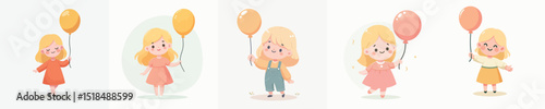 Vector of a little girl holding a balloon happily