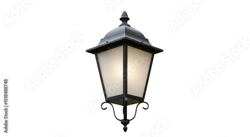 Outdoor vintage street lamp with frosted glass against black background. Classic style lighting for design, decoration, or atmospheric visuals.