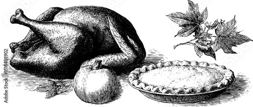 Vintage thanksgiving scene with turkey, pie, and autumn leaves for festive designs