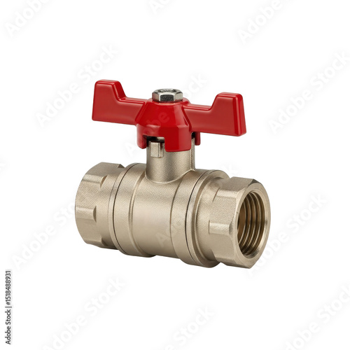 Brass ball valve with red handle for plumbing and pipelines. Industrial equipment for water control. Engineering and construction concept. Front view image for design and advertising.
