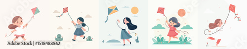 Vector of a little girl playing a kite happily