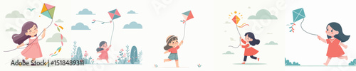 Vector of a little girl playing a kite