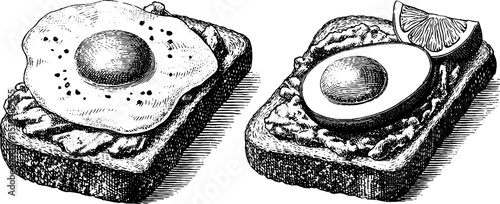 Engraved illustration of avocado toast variations for culinary design