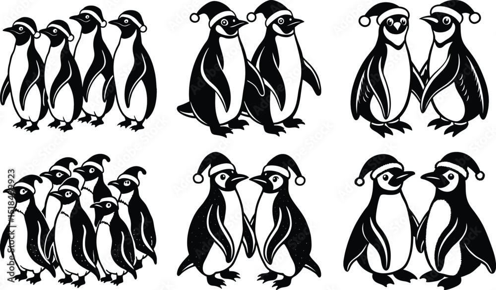 Fototapeta premium Adorable Penguins Wearing Santa Hats Christmas Illustration
